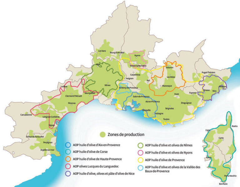 Zones de production des huiles d'olive extra vierge AOP en France